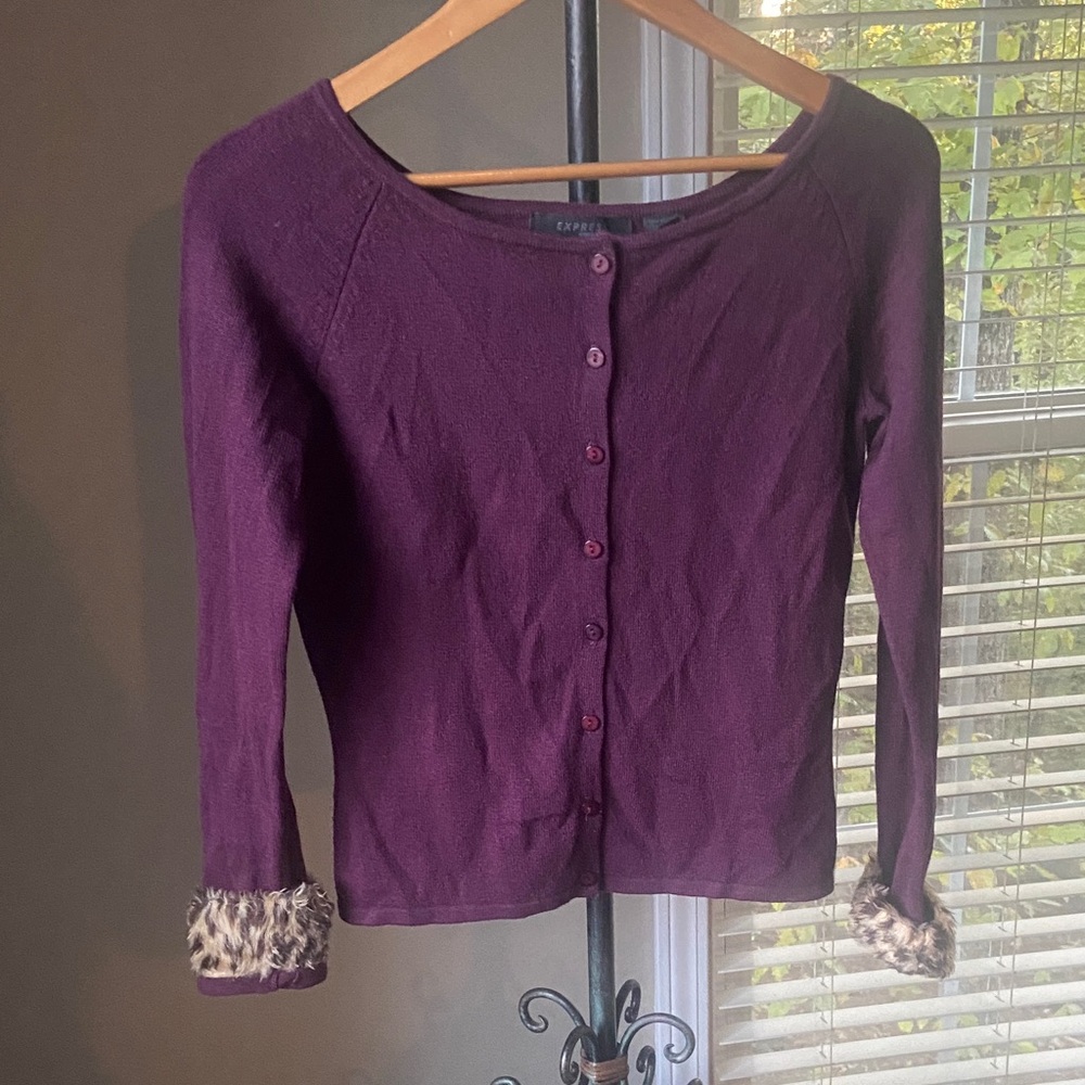 Vintage Y2K Express Silk/cashmere size S Plum purple animal print fur sleeves